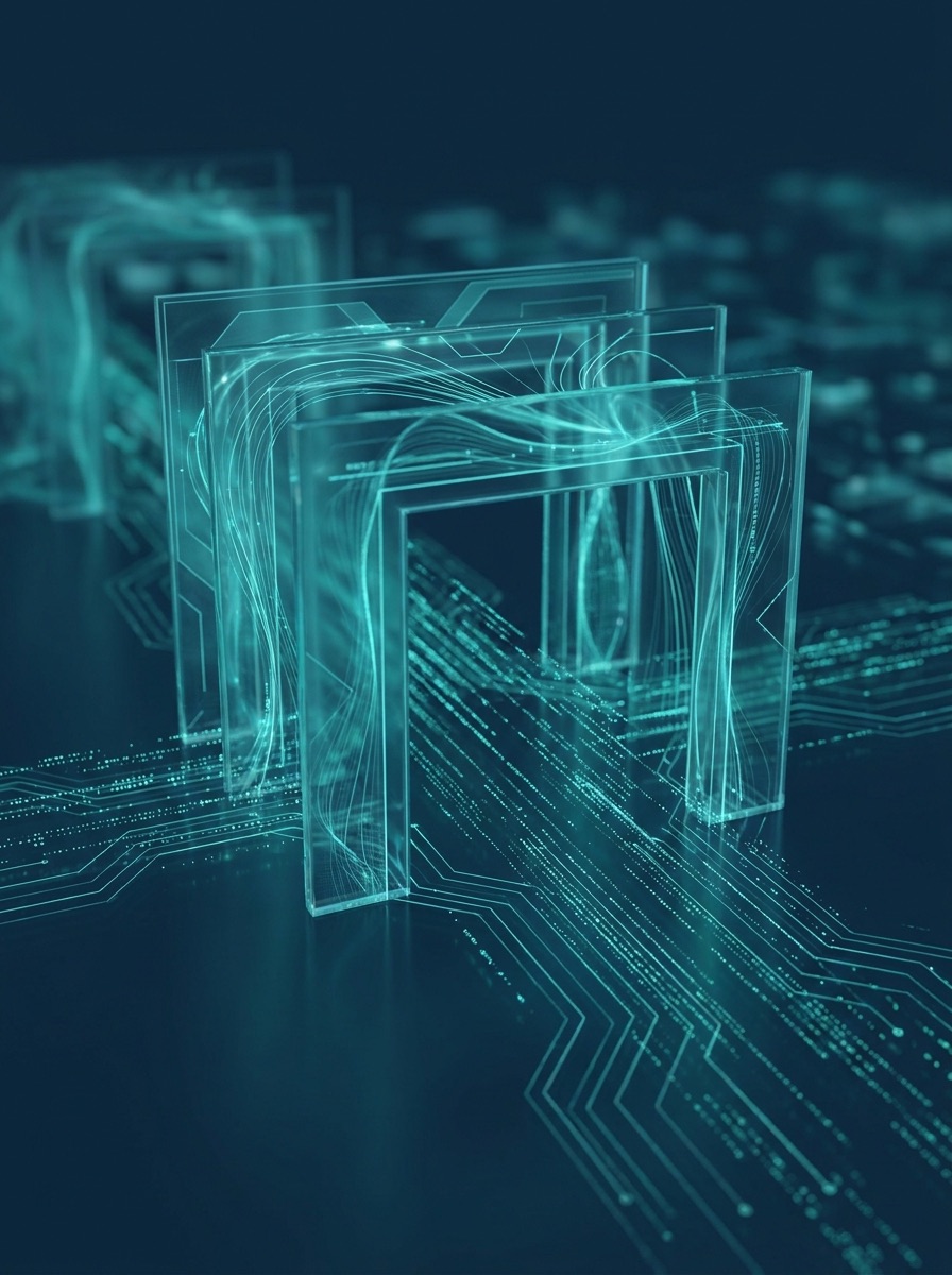 Abstract render of glowing digital gateways threading through a circuit-board surface, symbolizing Dwaar AI's autonomous gate verification