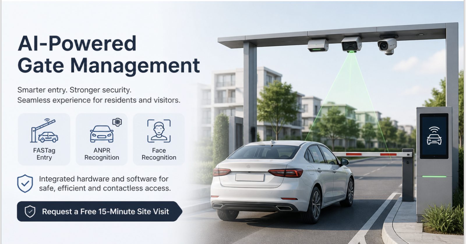 AI powered gate management system with FASTag access, ANPR recognition and face recognition for gated communities