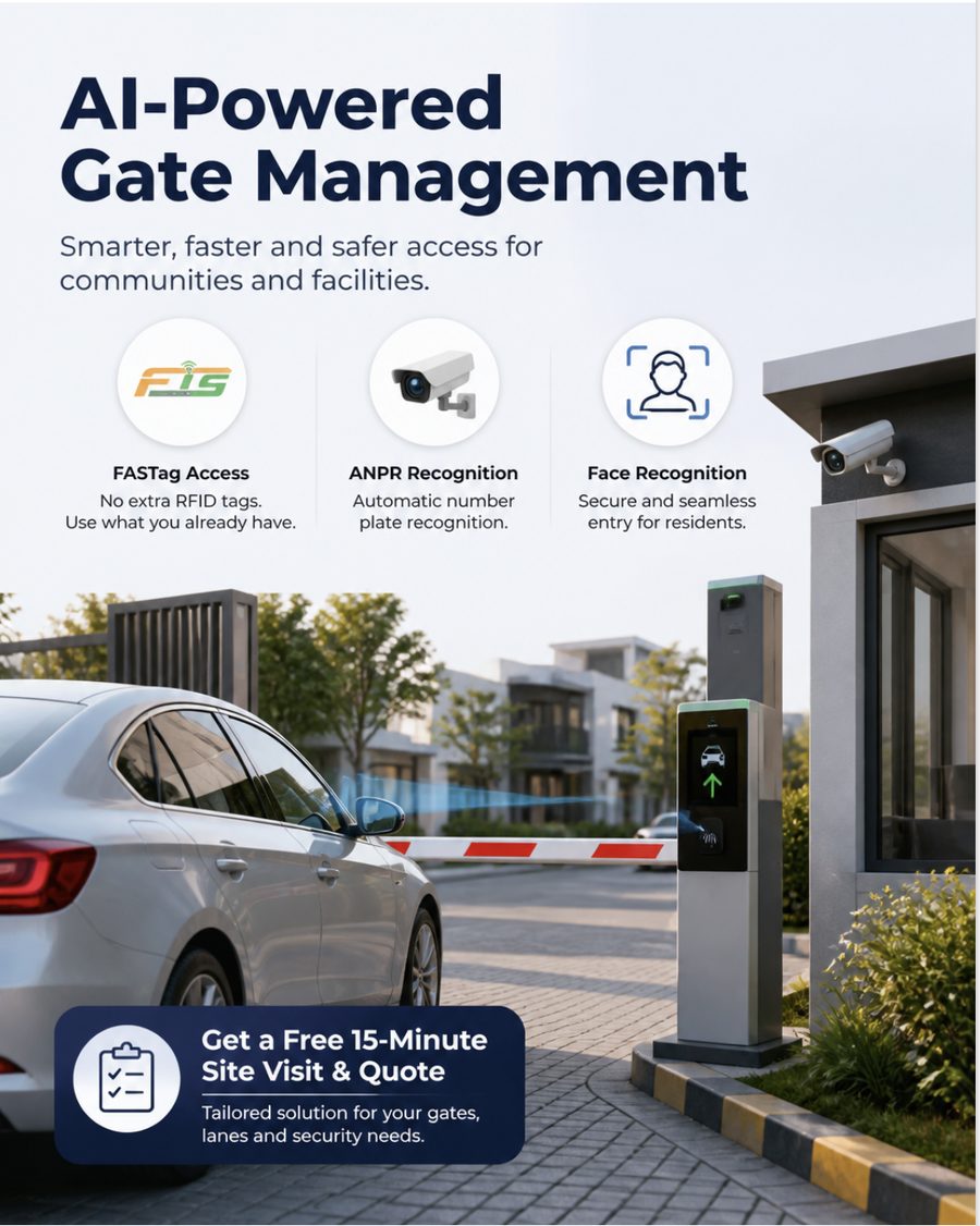 Gate automation setup showing FASTag access, ANPR recognition and face recognition at a residential community entrance