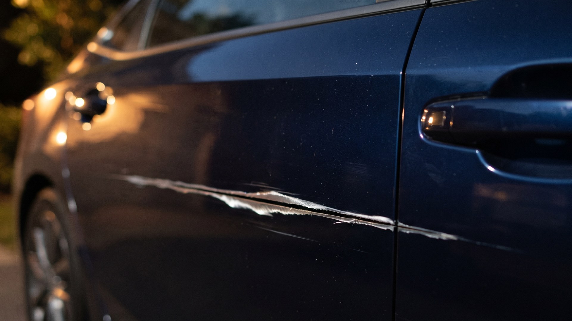Fresh scratch on the door of a dark blue car parked at night, the kind of damage that starts a valet parking dispute